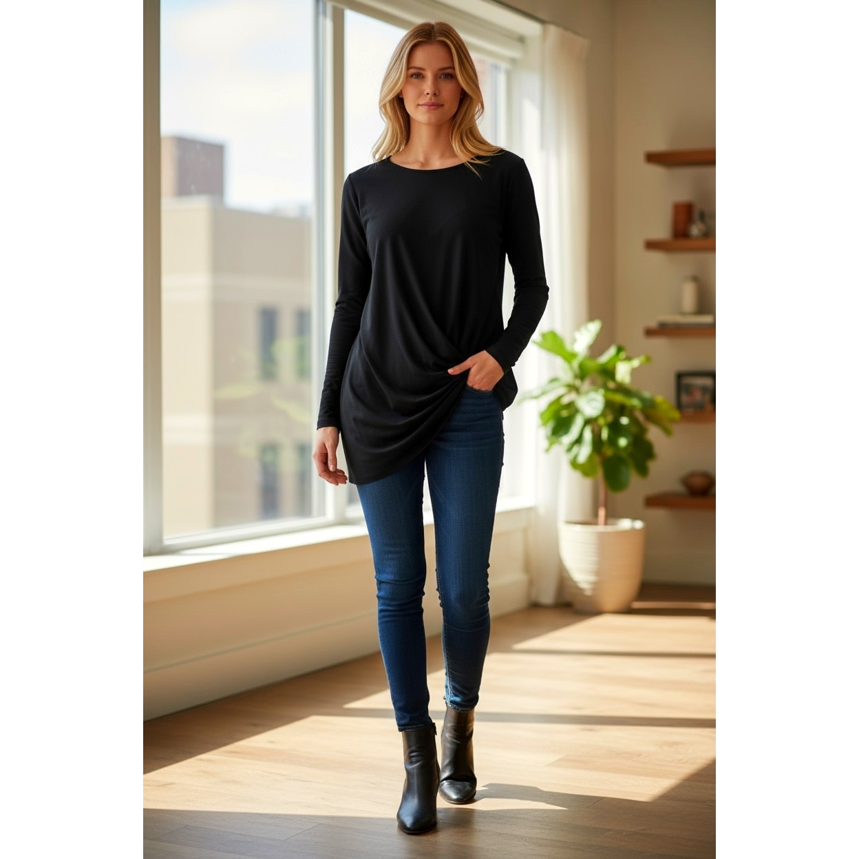 Norma Kamali Long Sleeves Twist Top In Black Size Xl Stretchy Jersey Fabric